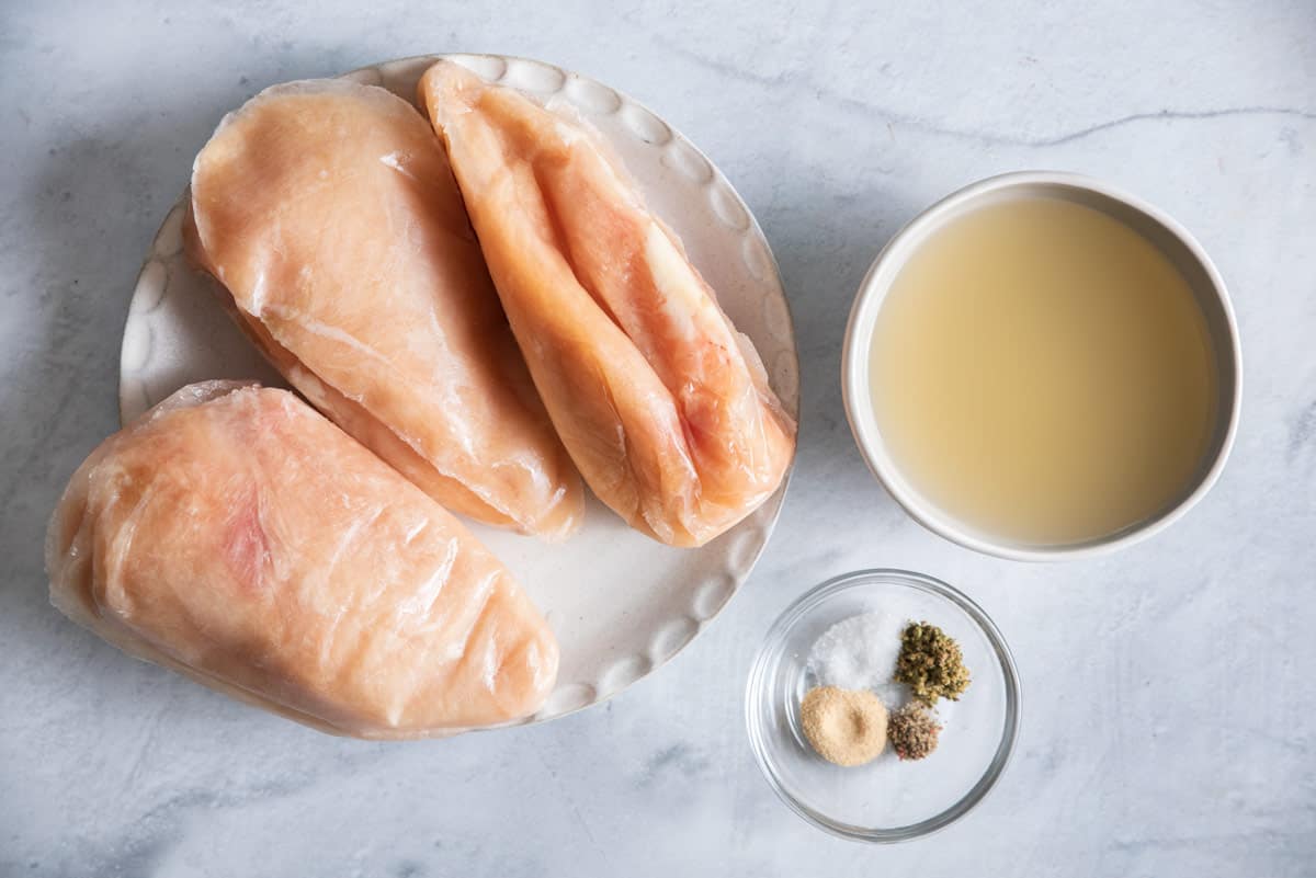 Frozen chicken breasts, chicken stock and seasoning