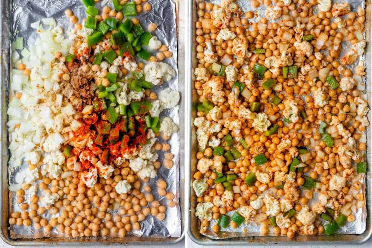 Ingredients on baking sheet lined with foil before and after tossing