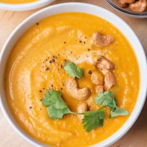 Roasted Carrot Sweet Potato Ginger Soup - Choosing Chia