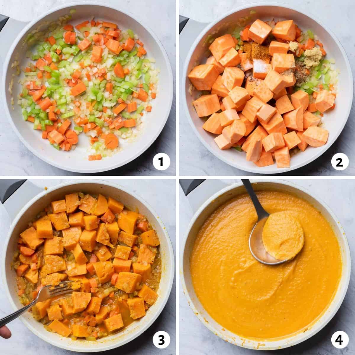 4 image collage to show how to make the soup recipe