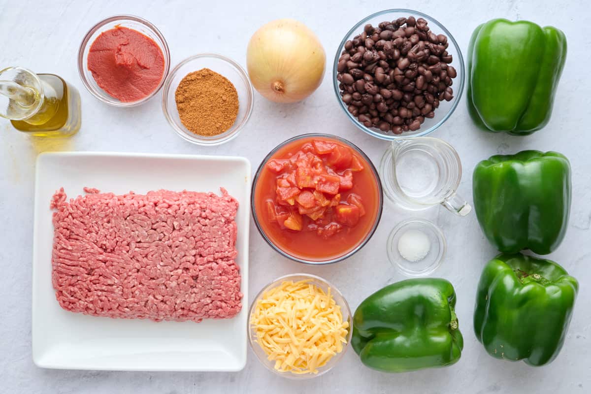 Ingredients to make taco stuffed peppers, before prepped.