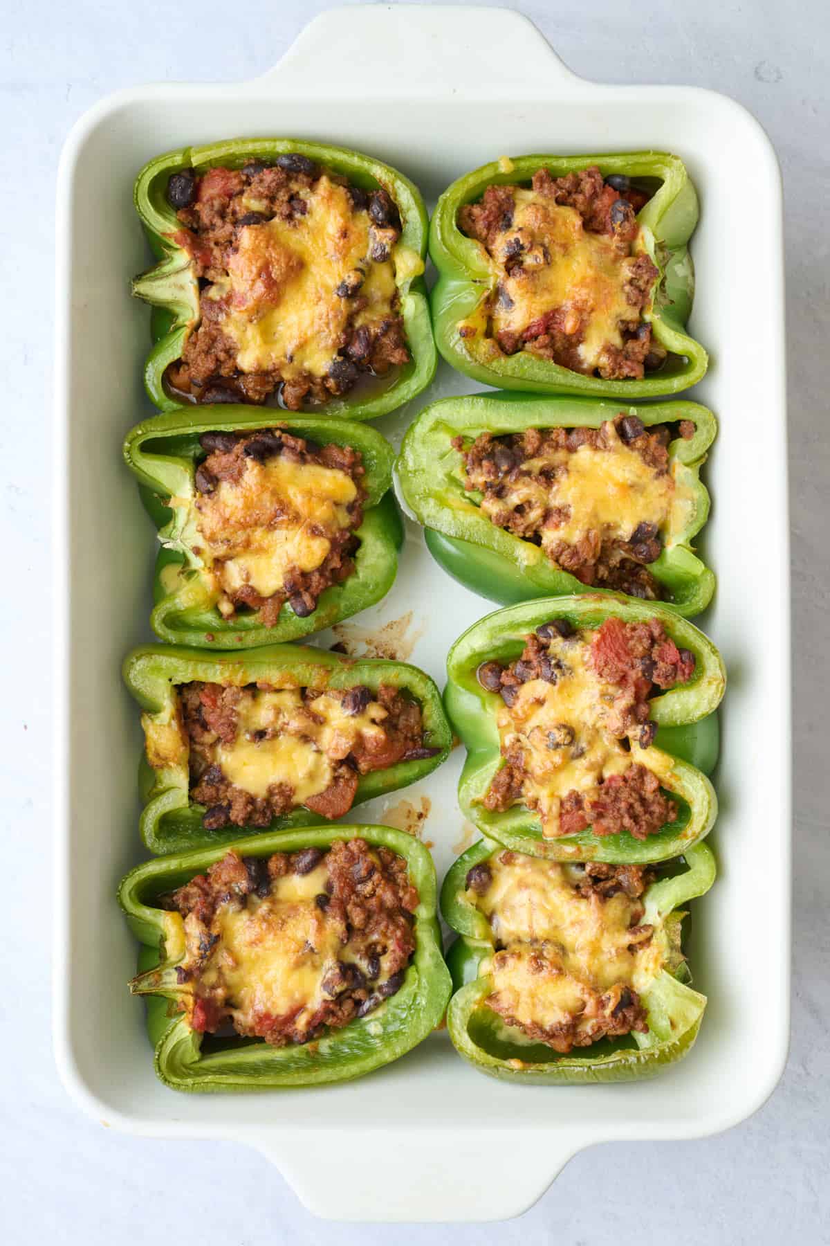 Taco stuffed peppers after removing from the oven.