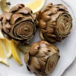 Final plated steamed artichokes