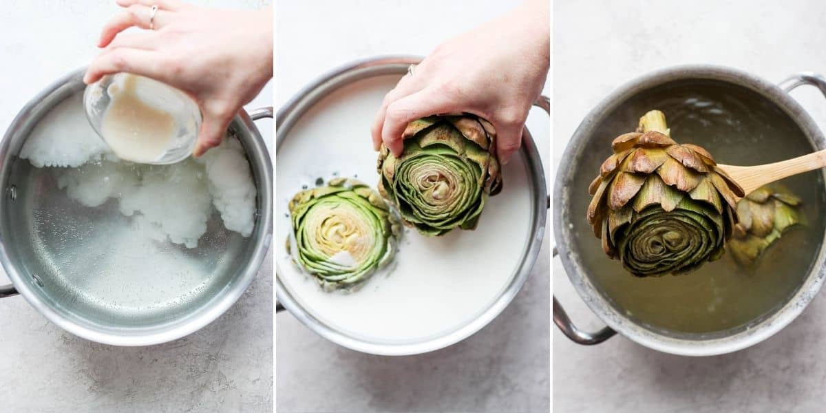 3 image collage to show how to boil artichokes