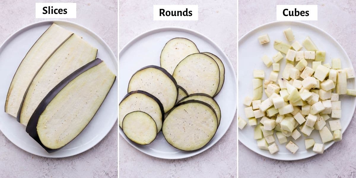 3 image collage to show how to cut eggplant 3 different ways