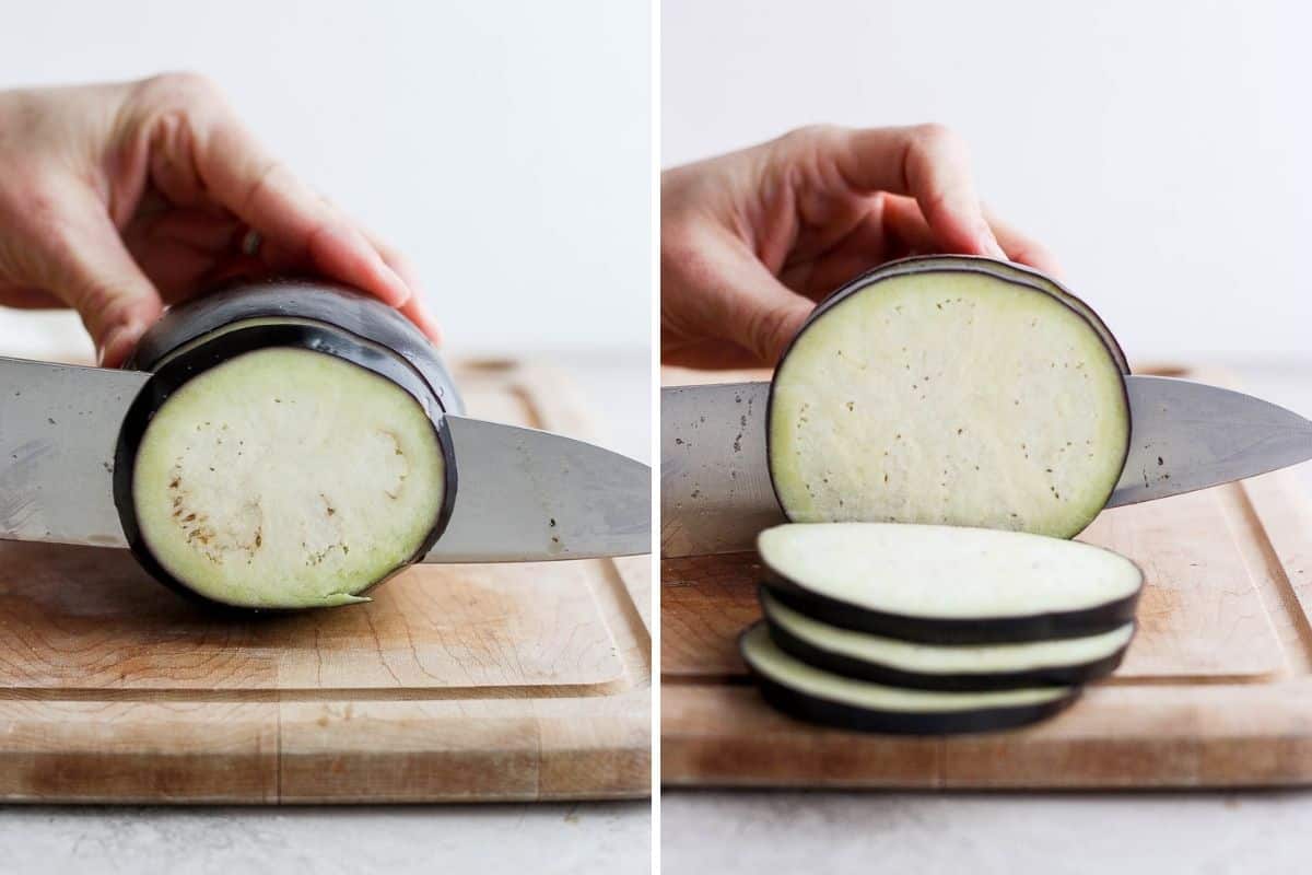 2 image collage to show how to slice eggplant into rounds