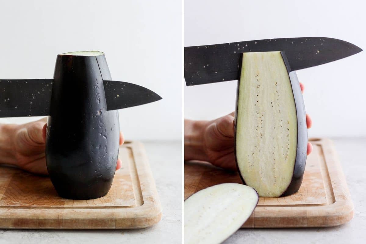 2 image collage to show how to slice eggplant lengthwise