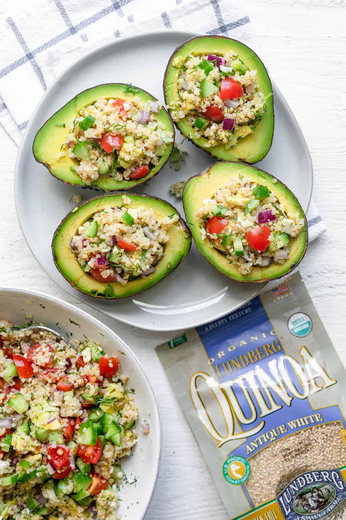 Avocado stuffed quinoa salad made with Lundberg quinoa