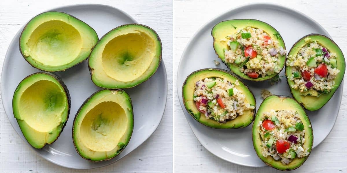 2 image collage to show the avocados hallowed and then stuffed