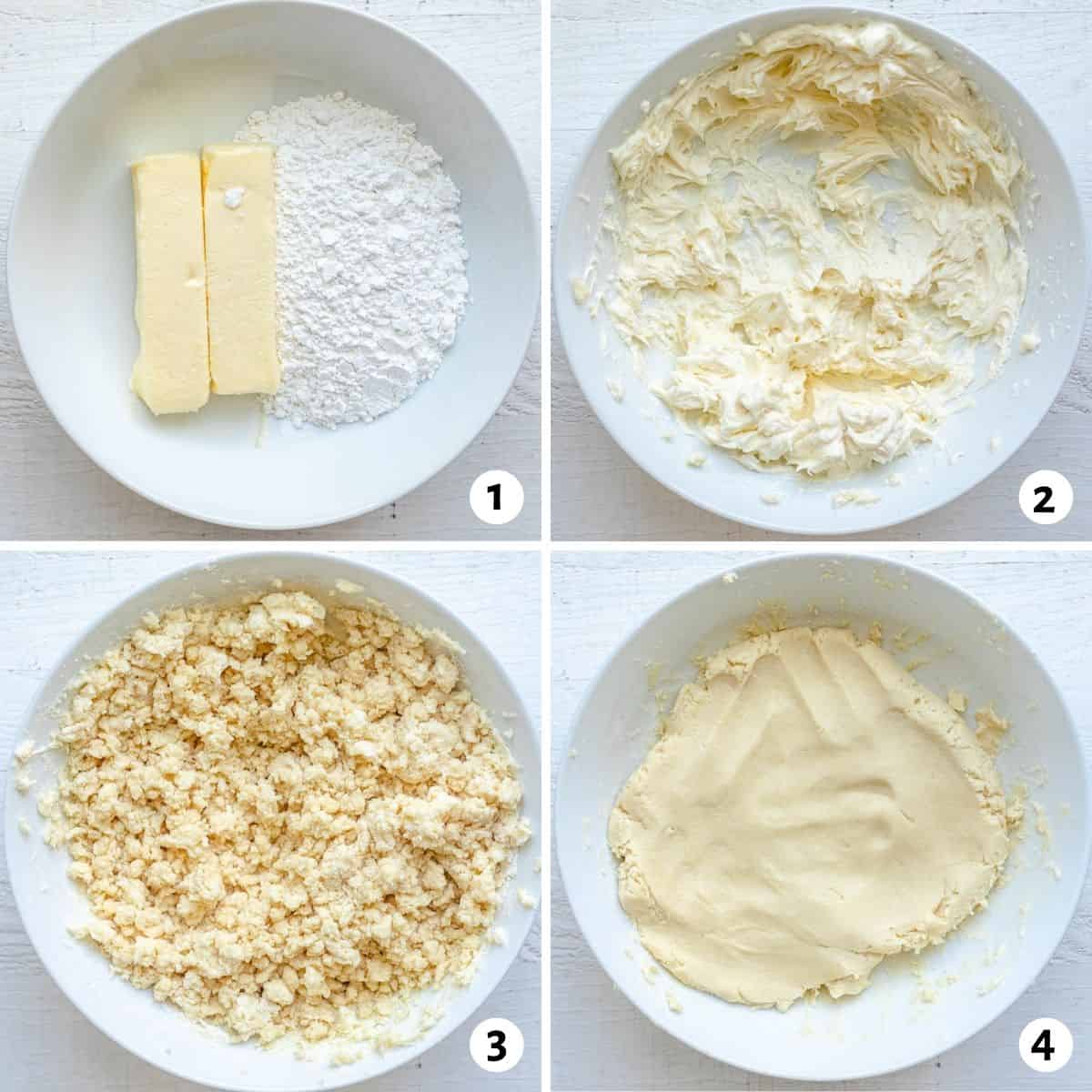 4 image collage to show how to make the cookie dough for ghraybeh