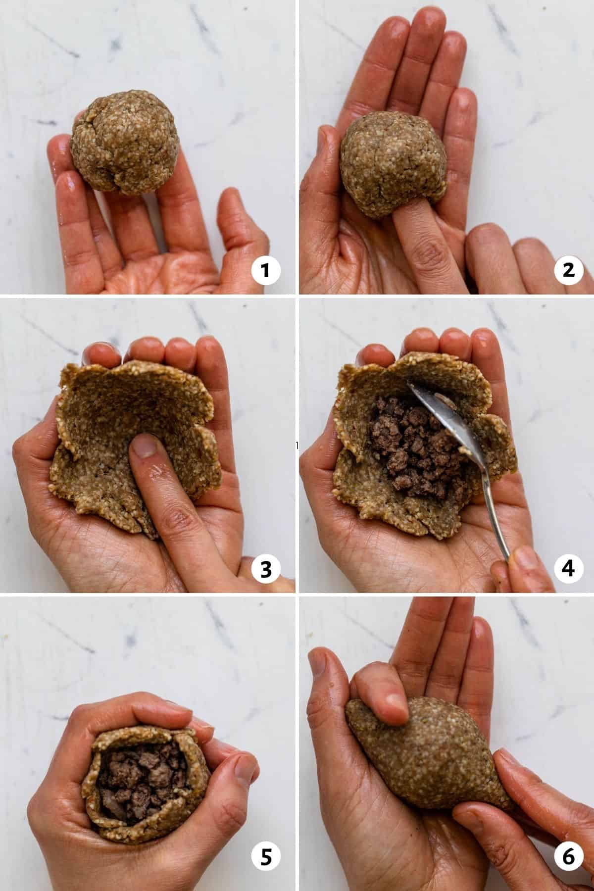 6 image collage to show how to make the kibbeh balls