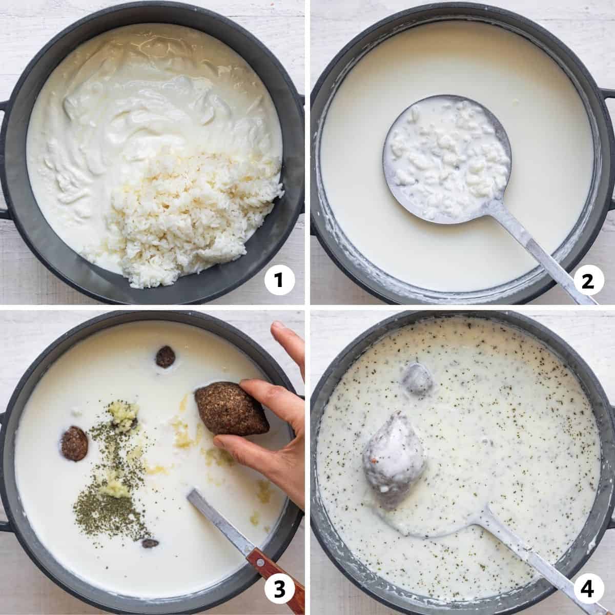 4 image collage to show how to make the yogurt sauce and assemble everything