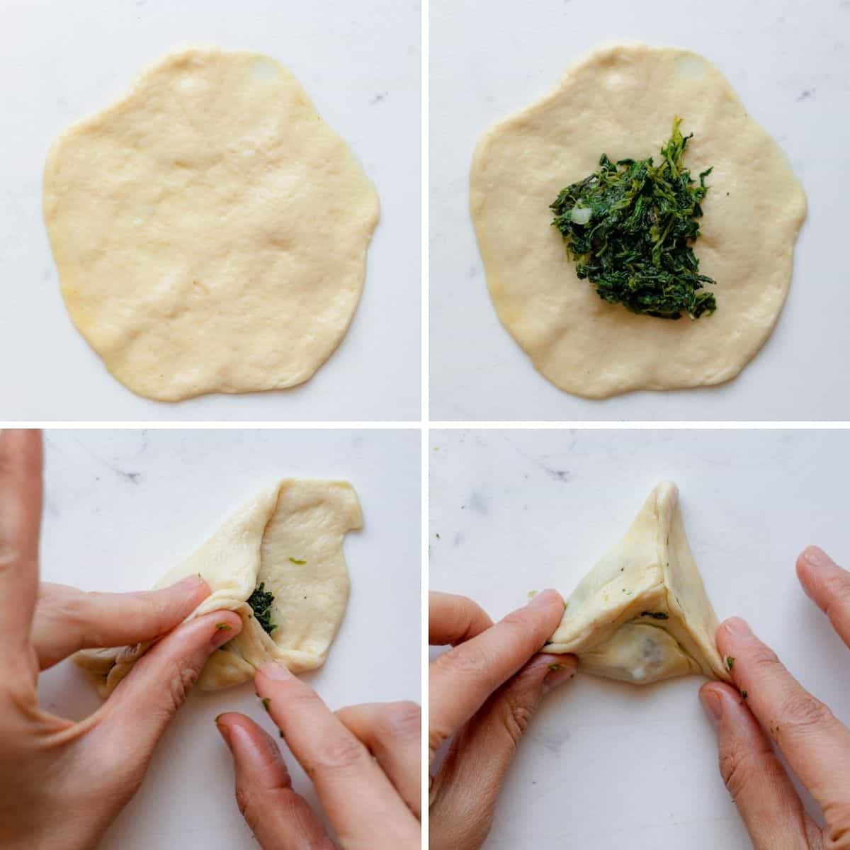 4 image collage to show how to stuff and fold the spinach pie