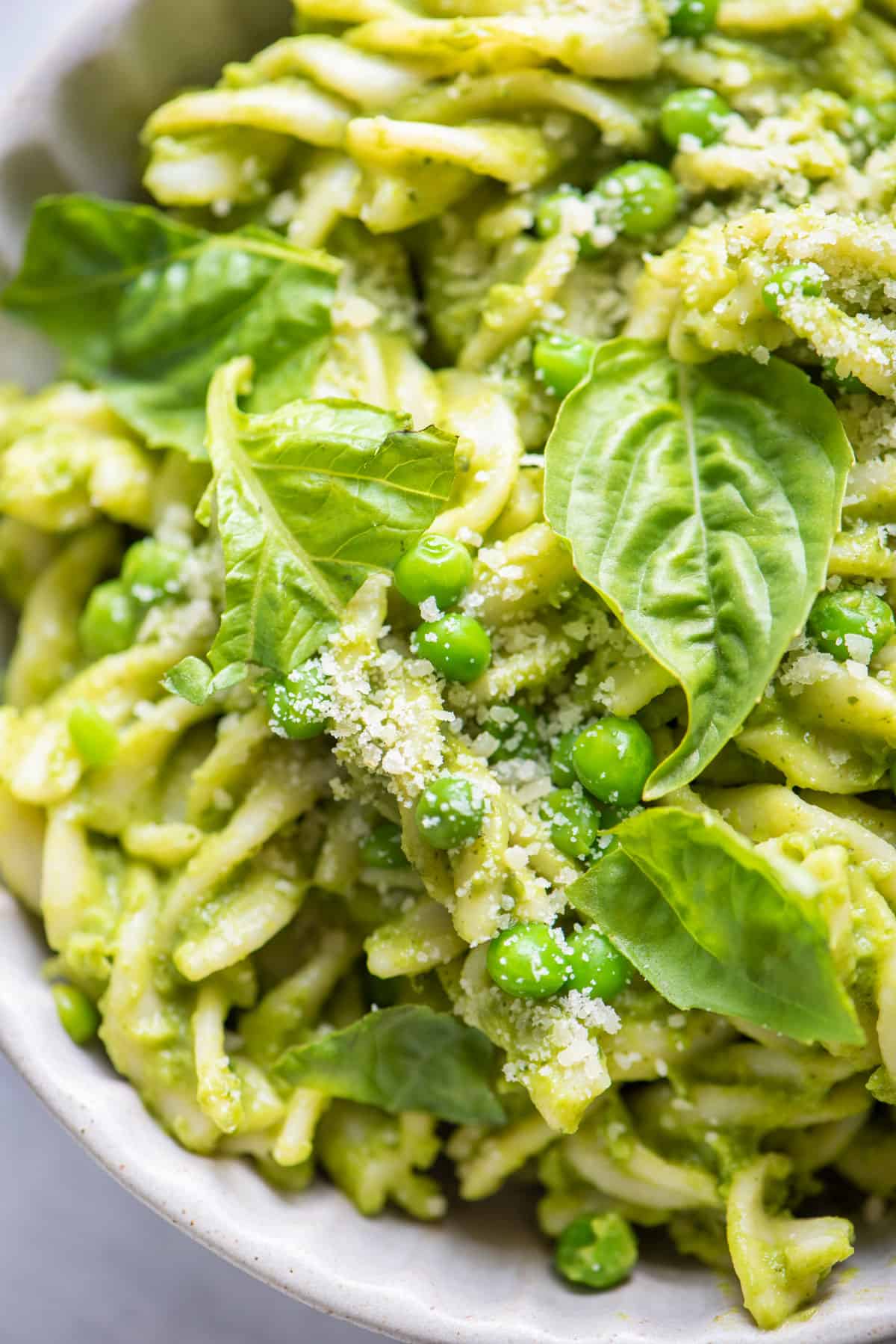 Close up shot of the spring pasta made with peas