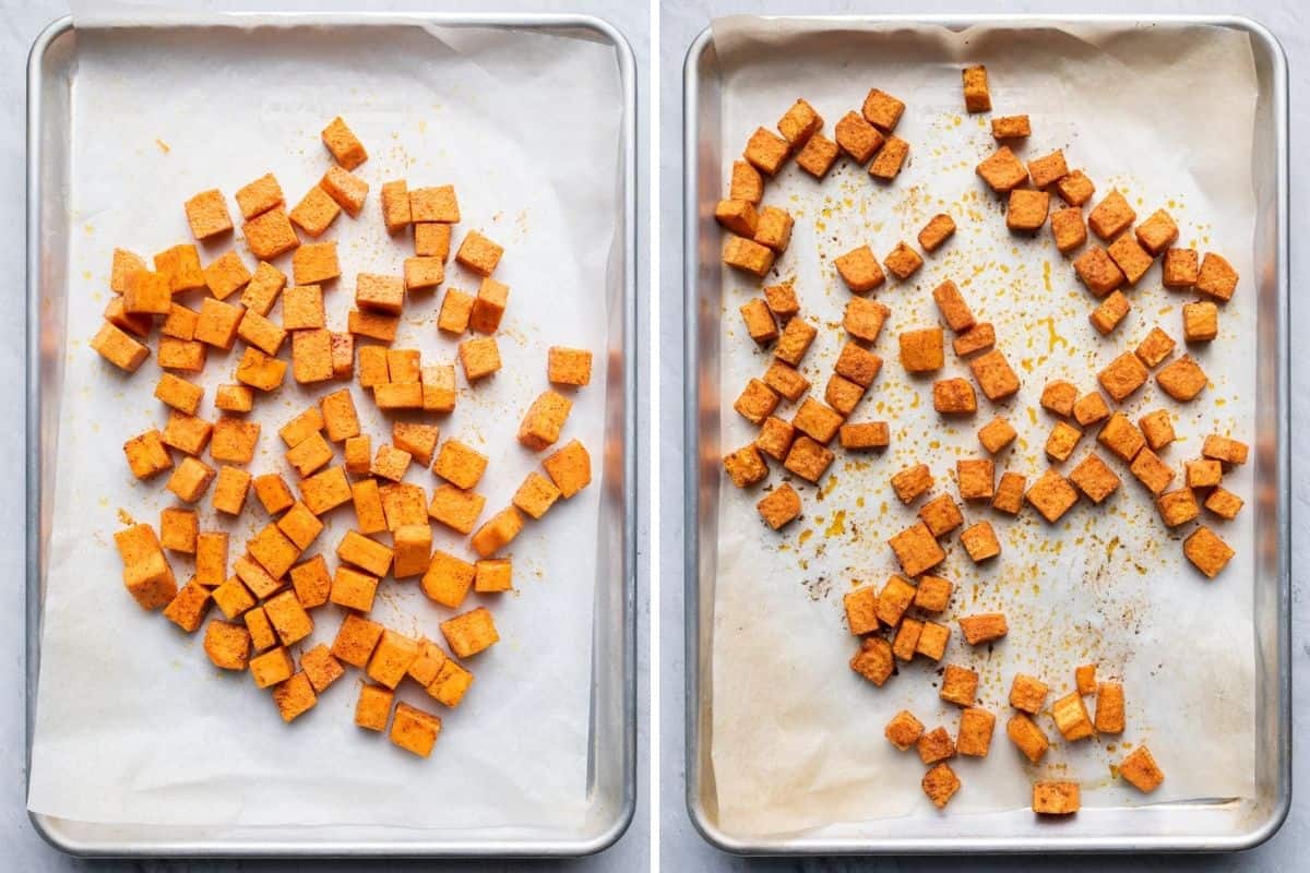 2 image collage of sweet potatoes before and after baking