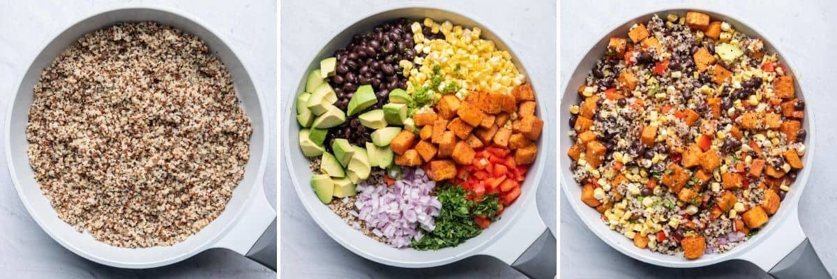 3 image collage of assembling the salad, first with the quinoa, then the vegetables and the tossing everything together