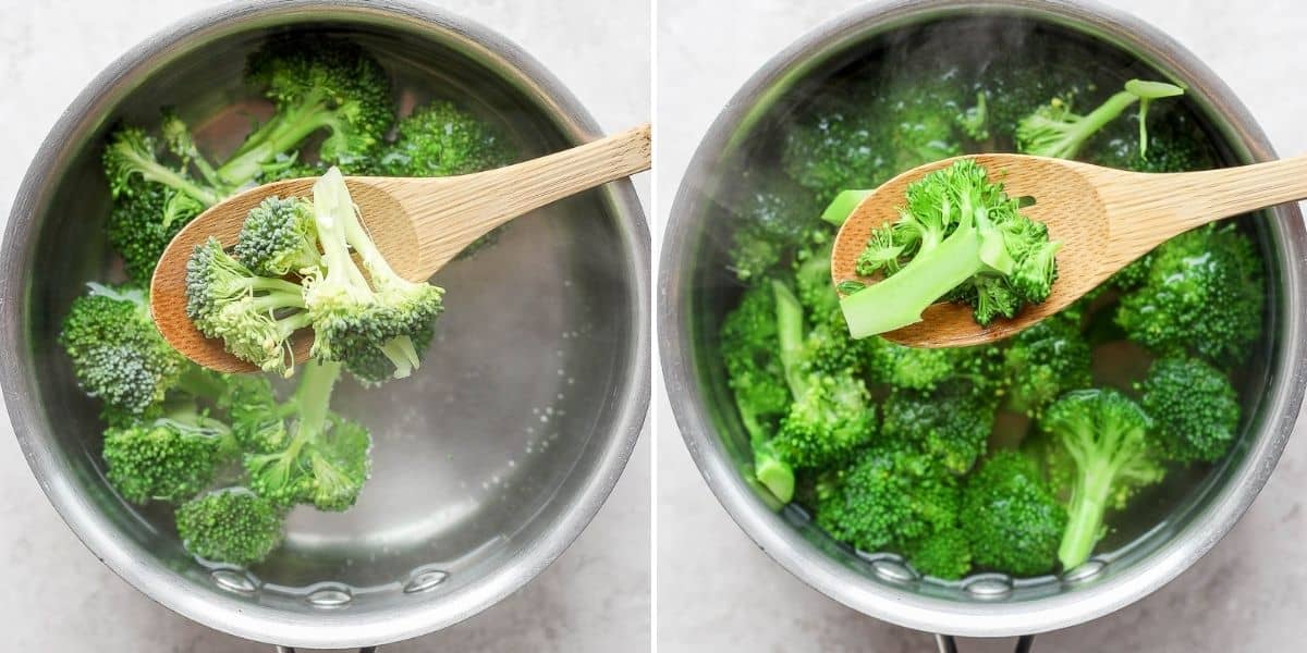 2 image collage to show how to cook broccoli on stovetop