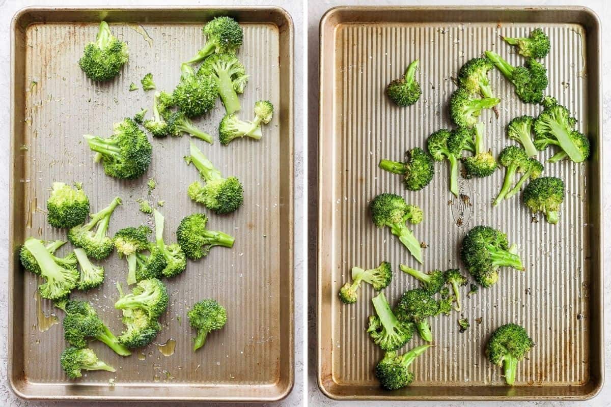 2 image collage to show how to cook broccoli in oven
