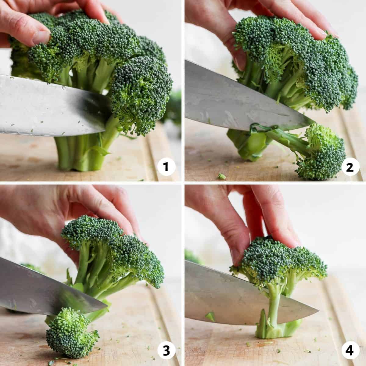 4 image collage to show how to cut broccoli