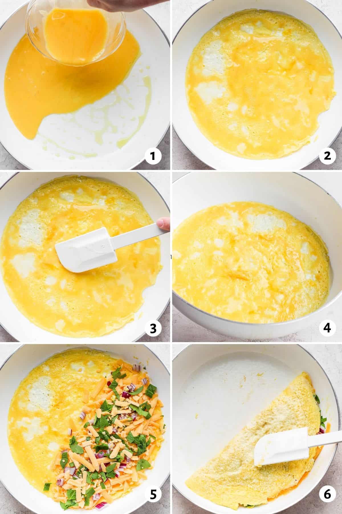 6 image collage to show how to make the omelette recipe
