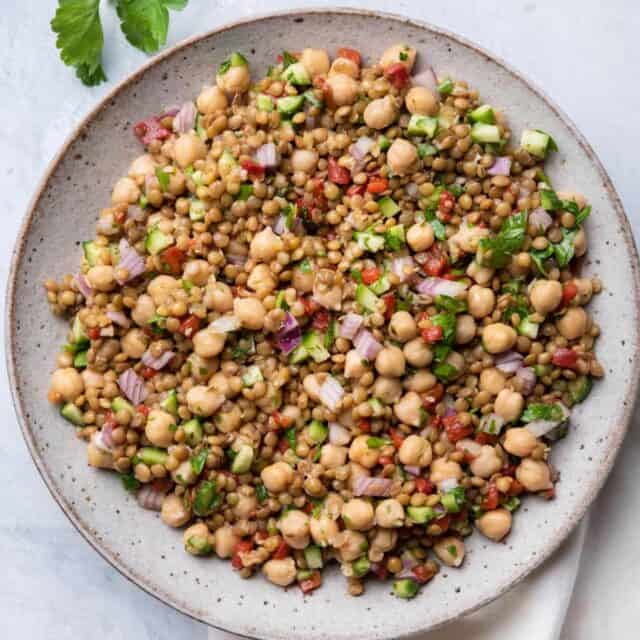 Large bowl of lentil salad made with chickpeas
