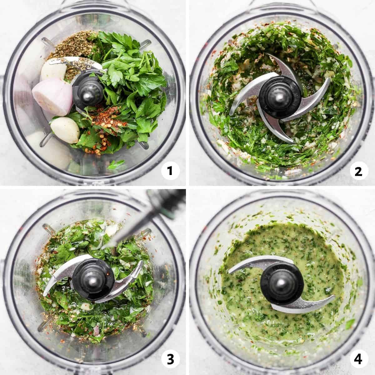4 image collage to show how to make the recipe in a food processor