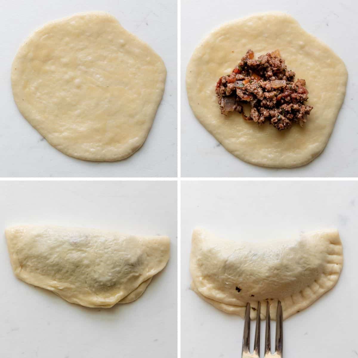 4 image collage to show how to stuff the dough