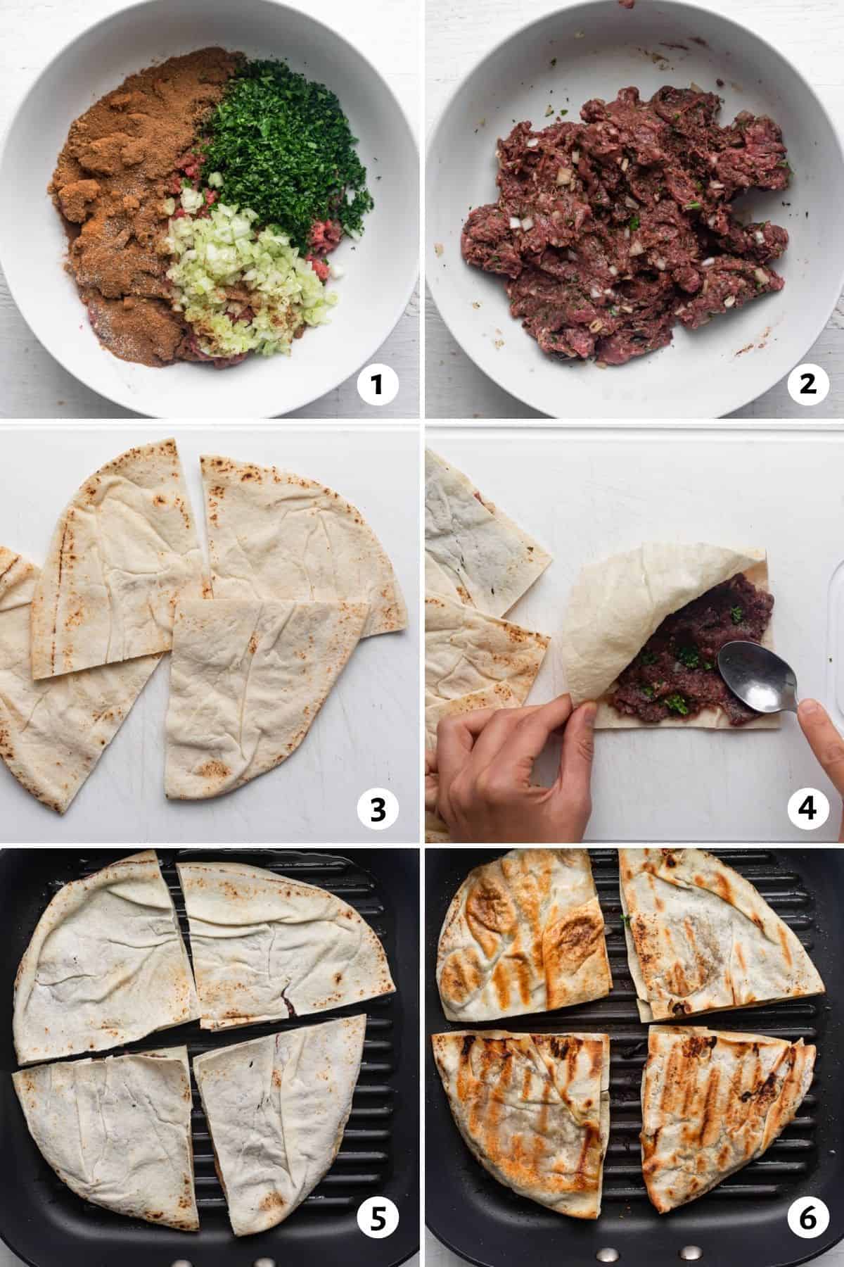 6 image collage to show how to mix the ingredients together, cut the pita, stuff the pita and then cook it