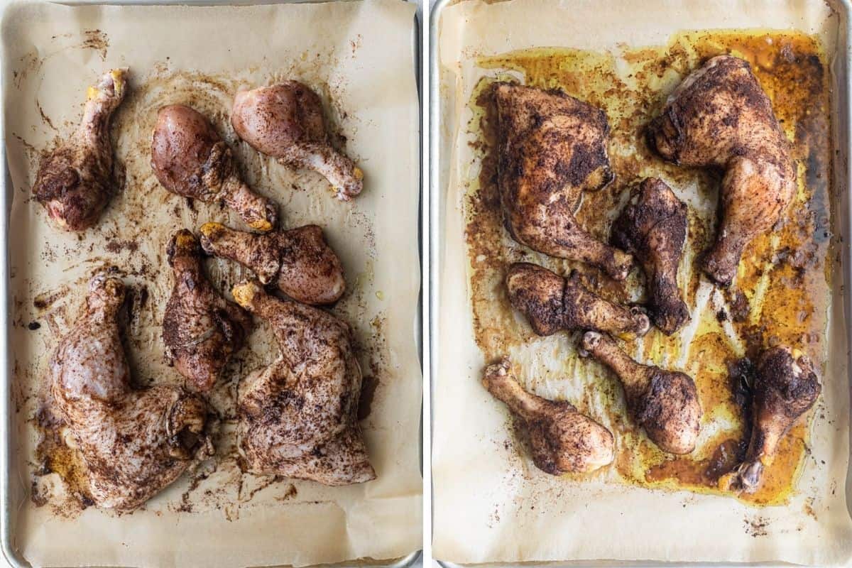 2 image collage of marinated chicken on baking sheet before and after cooking