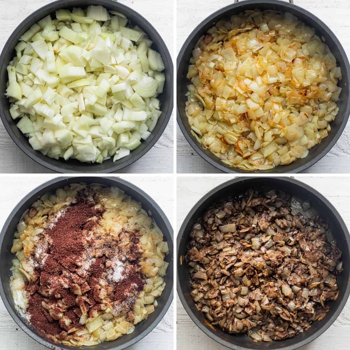 4 image collage to show how to cook the onions