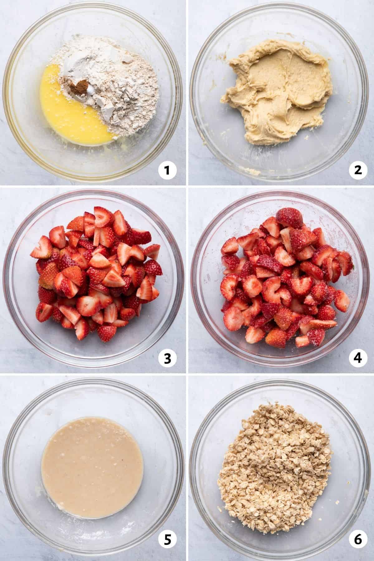 6 image collage to show how to make the layers: the base, the strawberries and the crumble