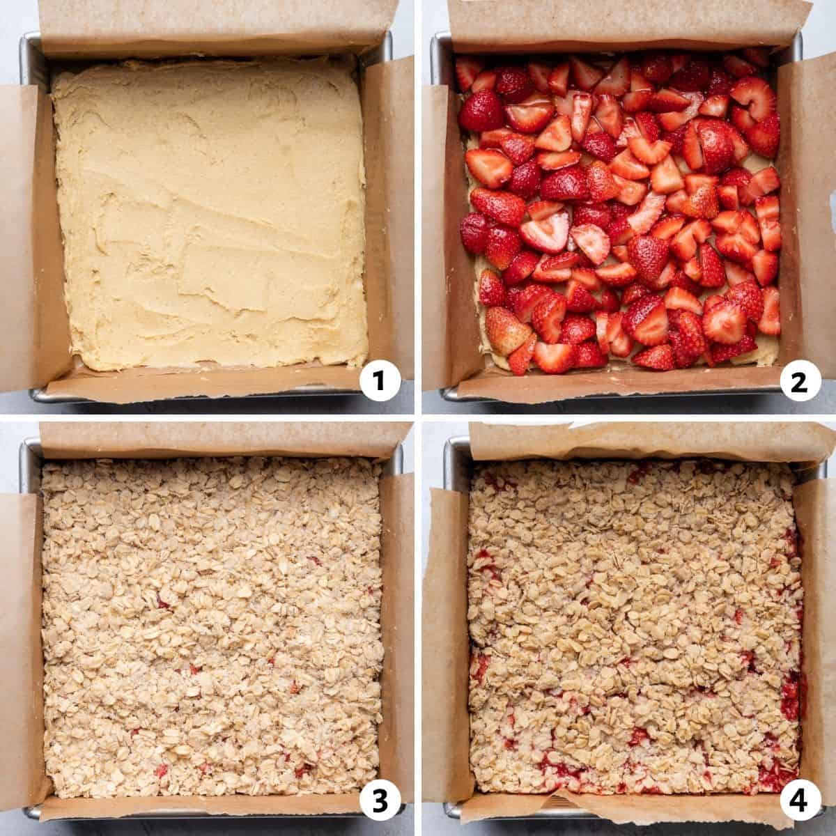 4 image collage to show how to layer the base, strawberries and the crumble and the final baked bars