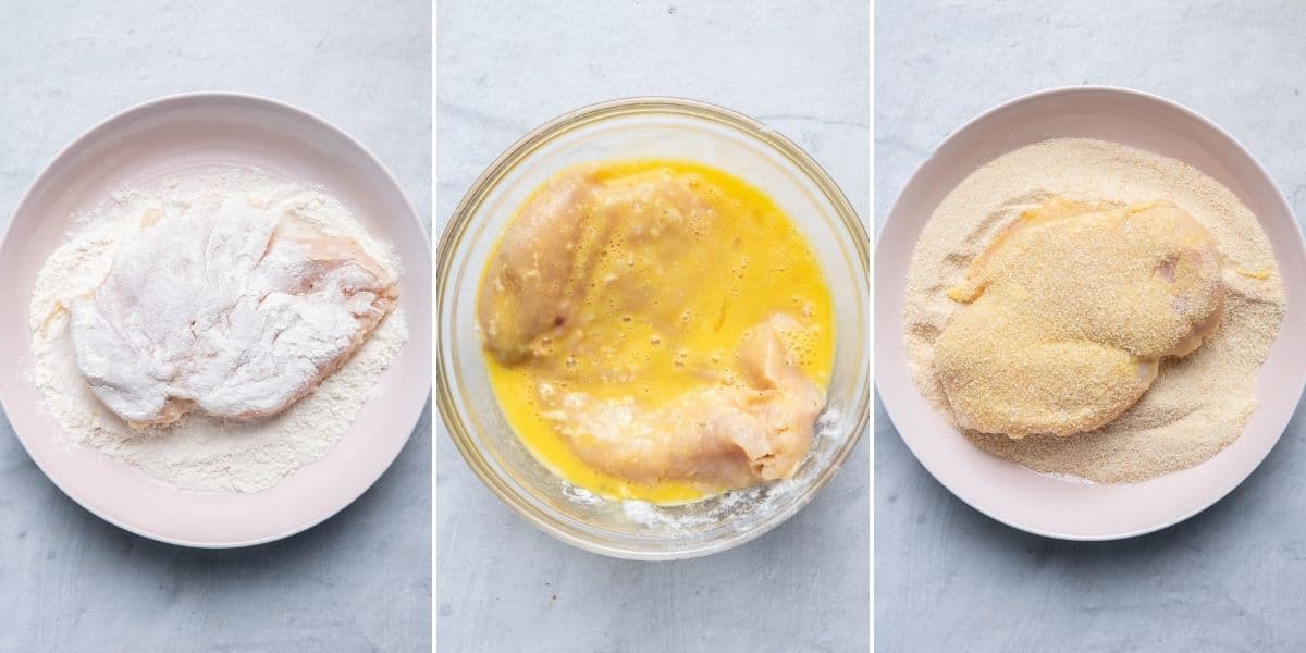 3 image collage to show breading the chicken first in the flour, then eggs, then breadcrumbs