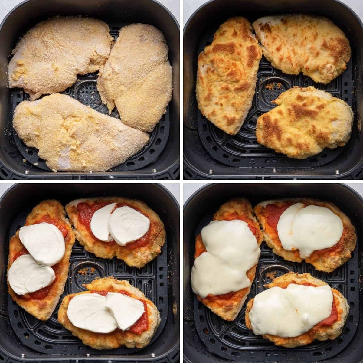 4 image collage to show the chicken in air fryer after breading, then after cooking, then with mozzarella on top and finally after the cheese melts