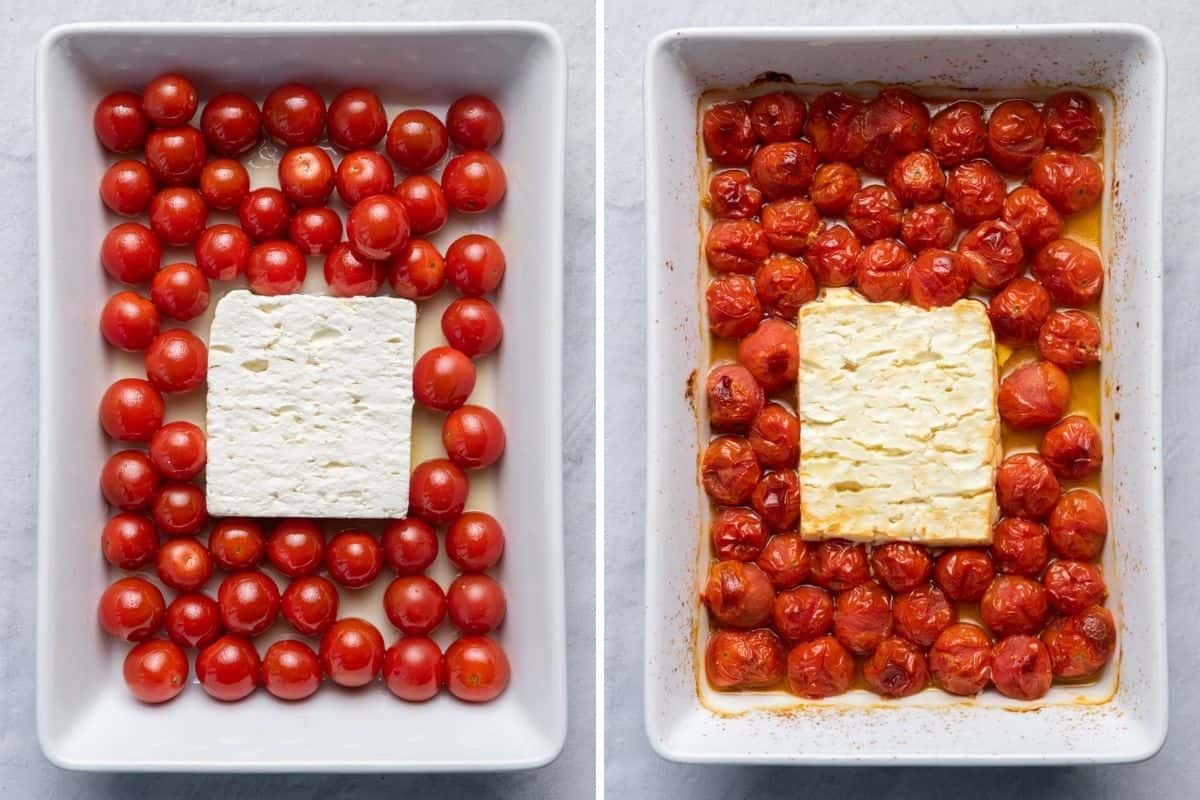 2 image collage of feta cheese and cherry tomatoes before and after baking