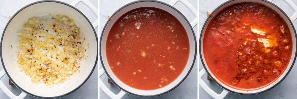 3 image collage of a pot with onions cooking, then the broth and tomato sauce and then the baked feta and roasted tomatoes added