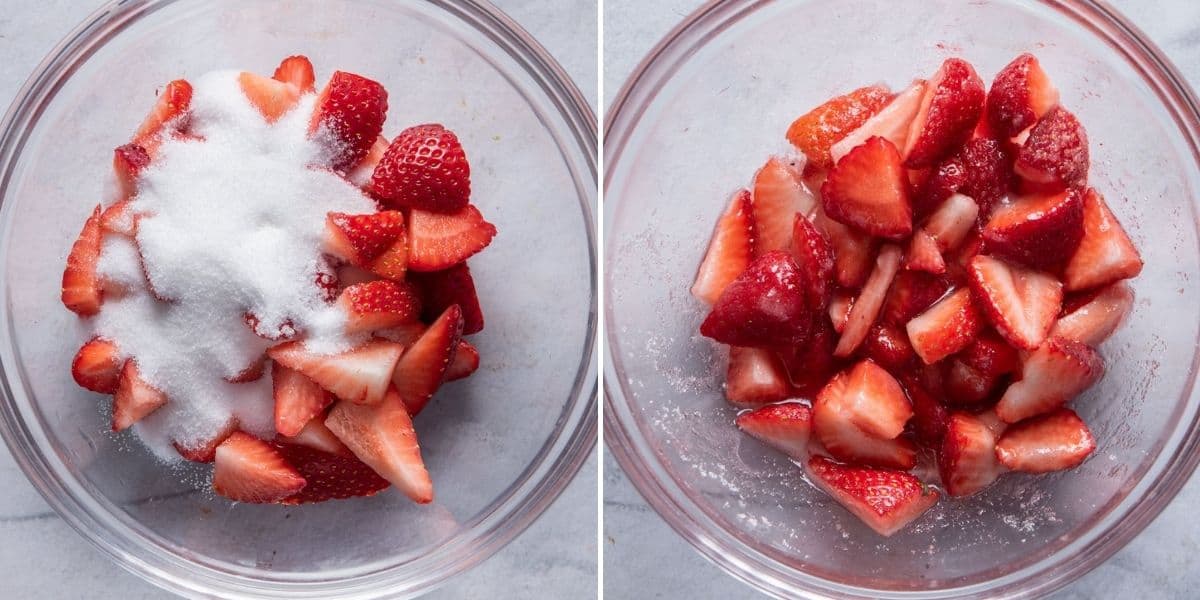 2 image collage to show how to macerate the strawberries