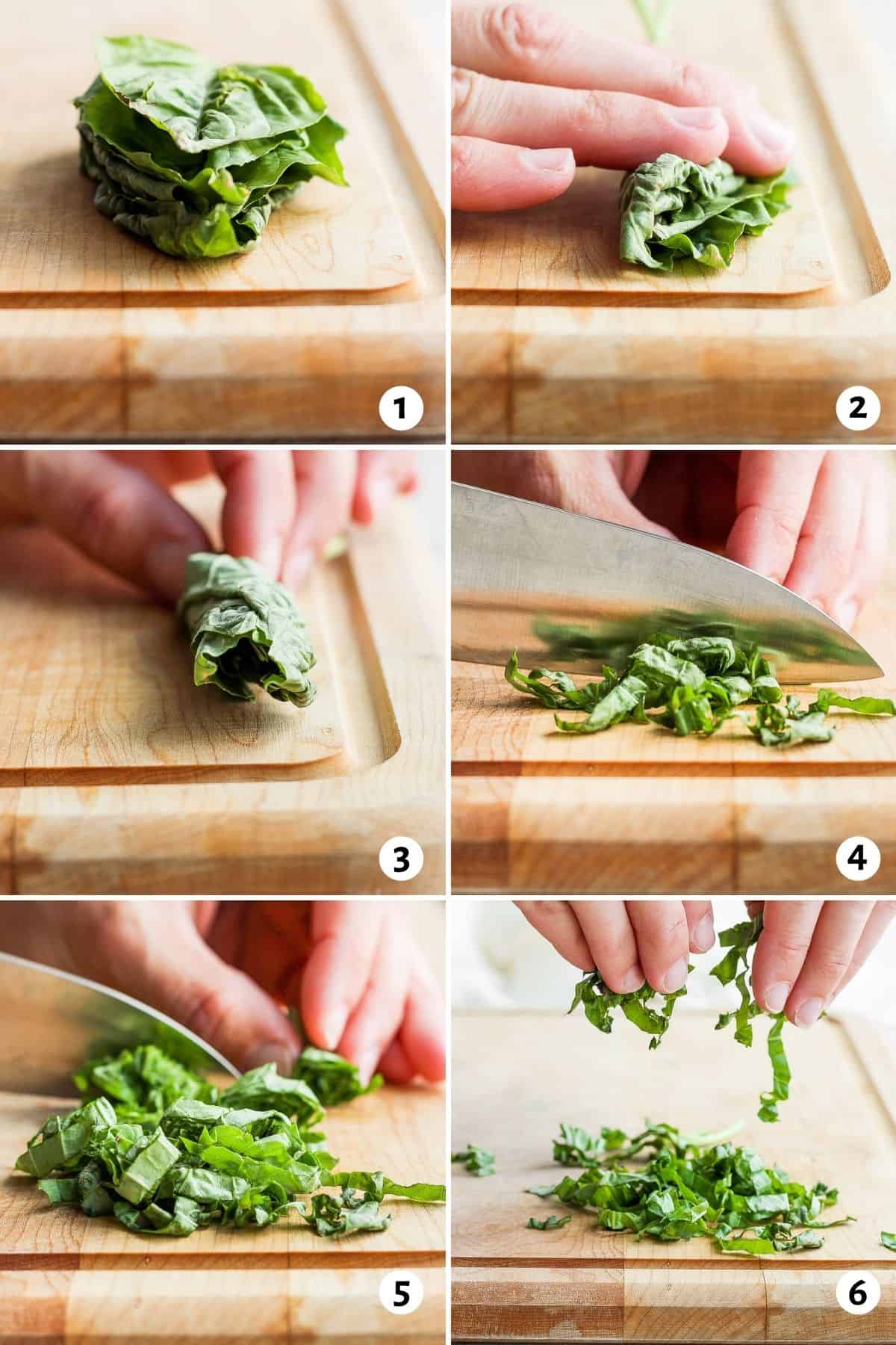 6 image collage to show how to cut fresh basil