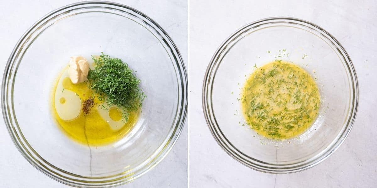 2 image collage to show the dressing ingredients before and after mixing