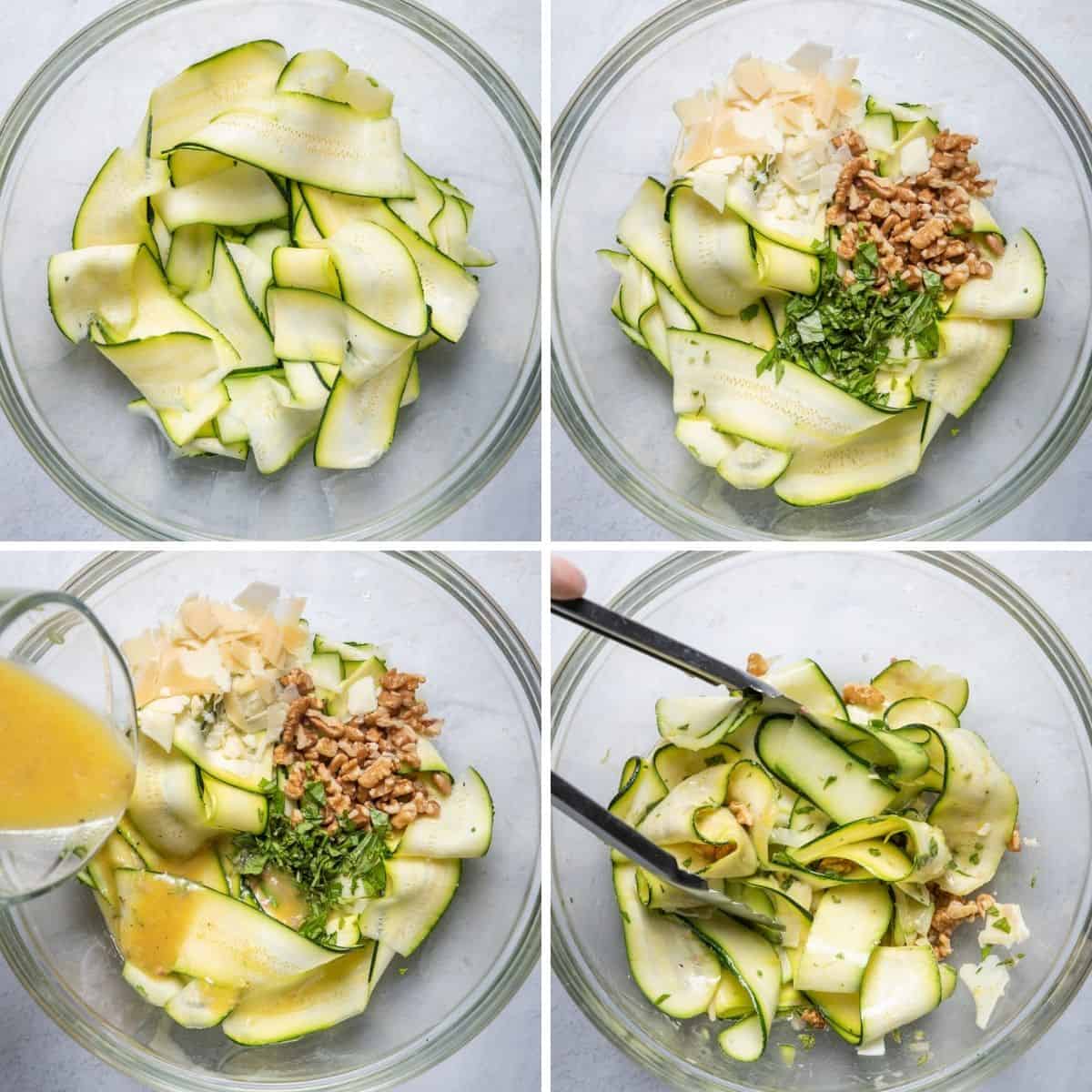 4 image collage to show the zucchini shaved in a bowl, ingredients getting added, olive oil getting added and then the salad getting tossed