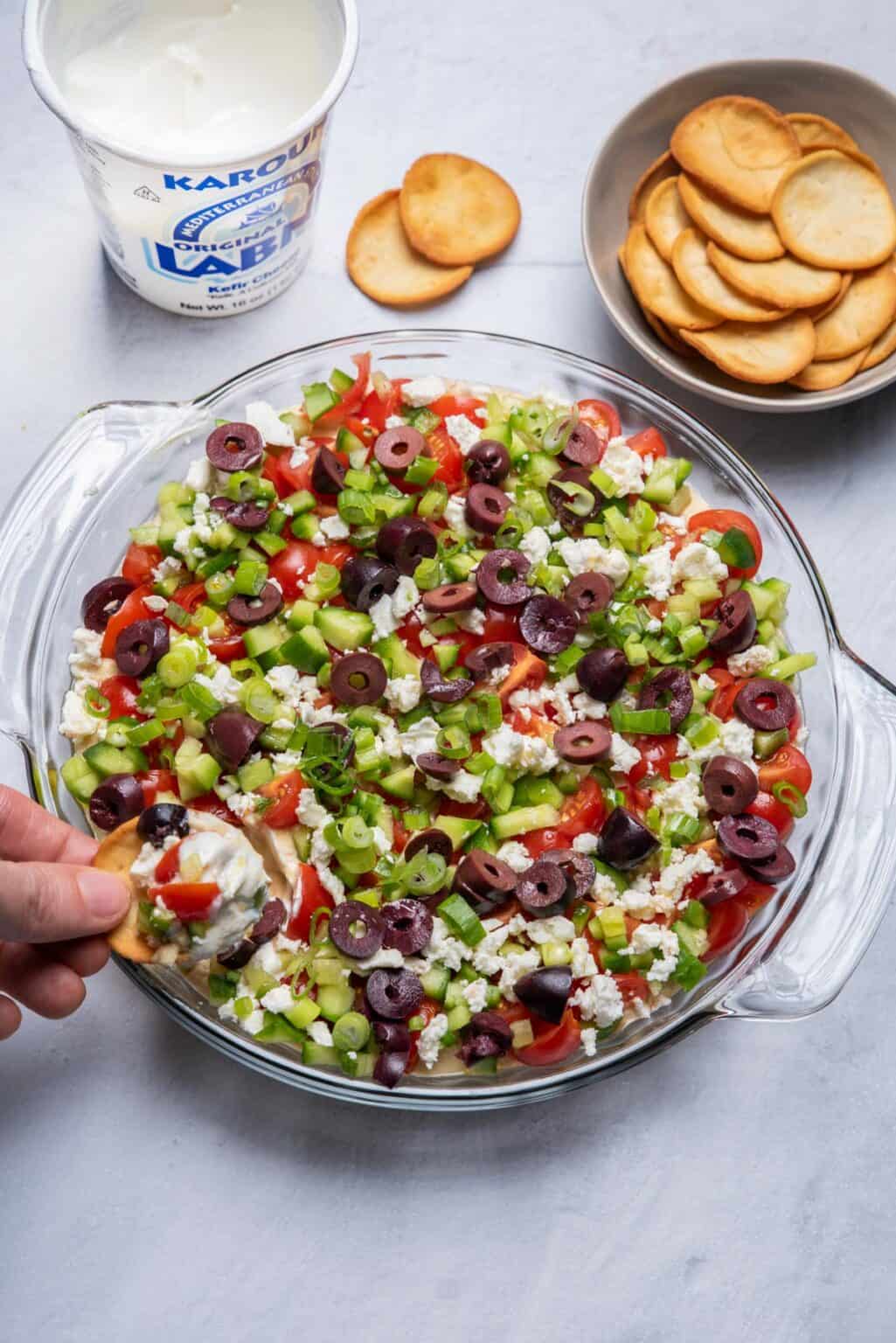 7 Layer Mediterranean Dip {Party Favorite!} - Feel Good Foodie