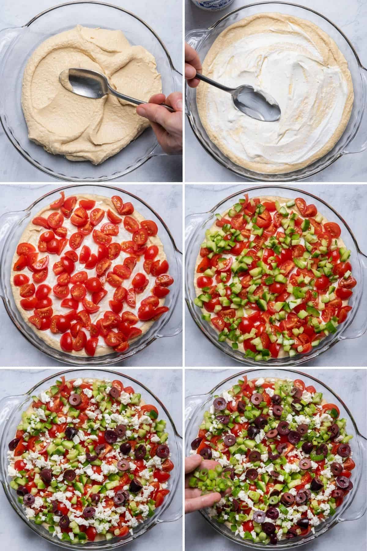 6 image collage to show how to layer the mediterranean dip
