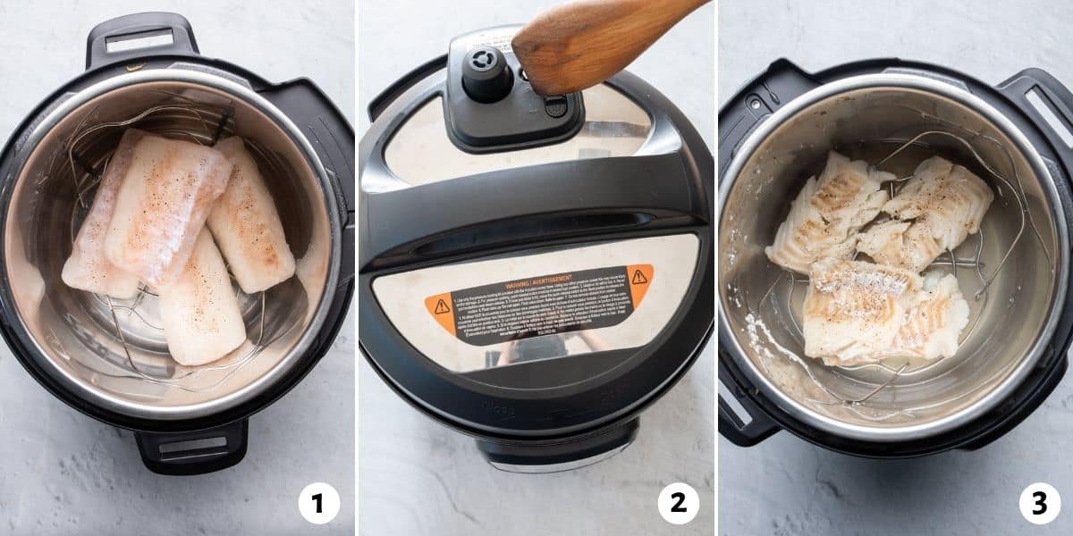 3 image collage to show how to cook fish in instant pot