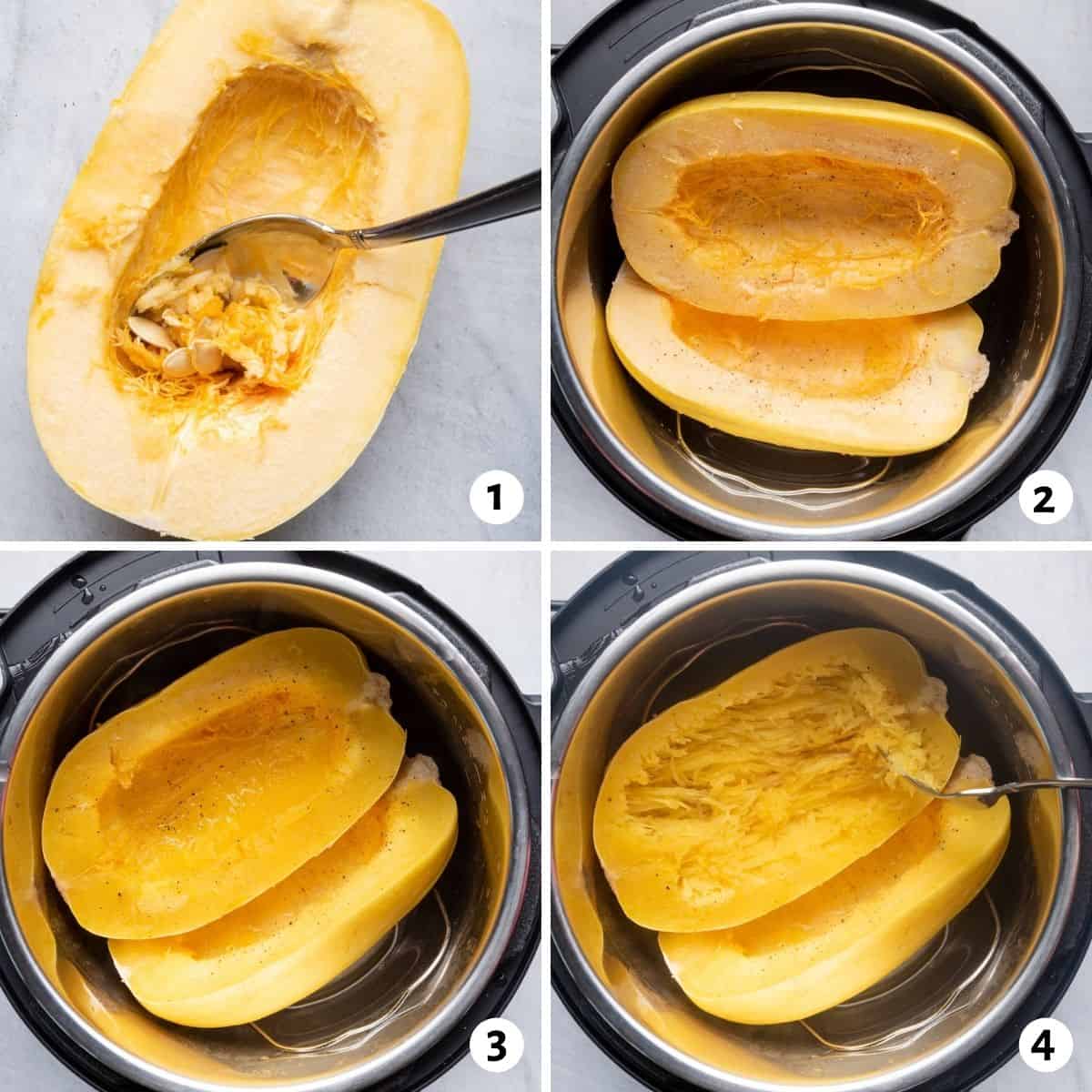 4 image collage to show how to cook spaghetti squash in instant pot
