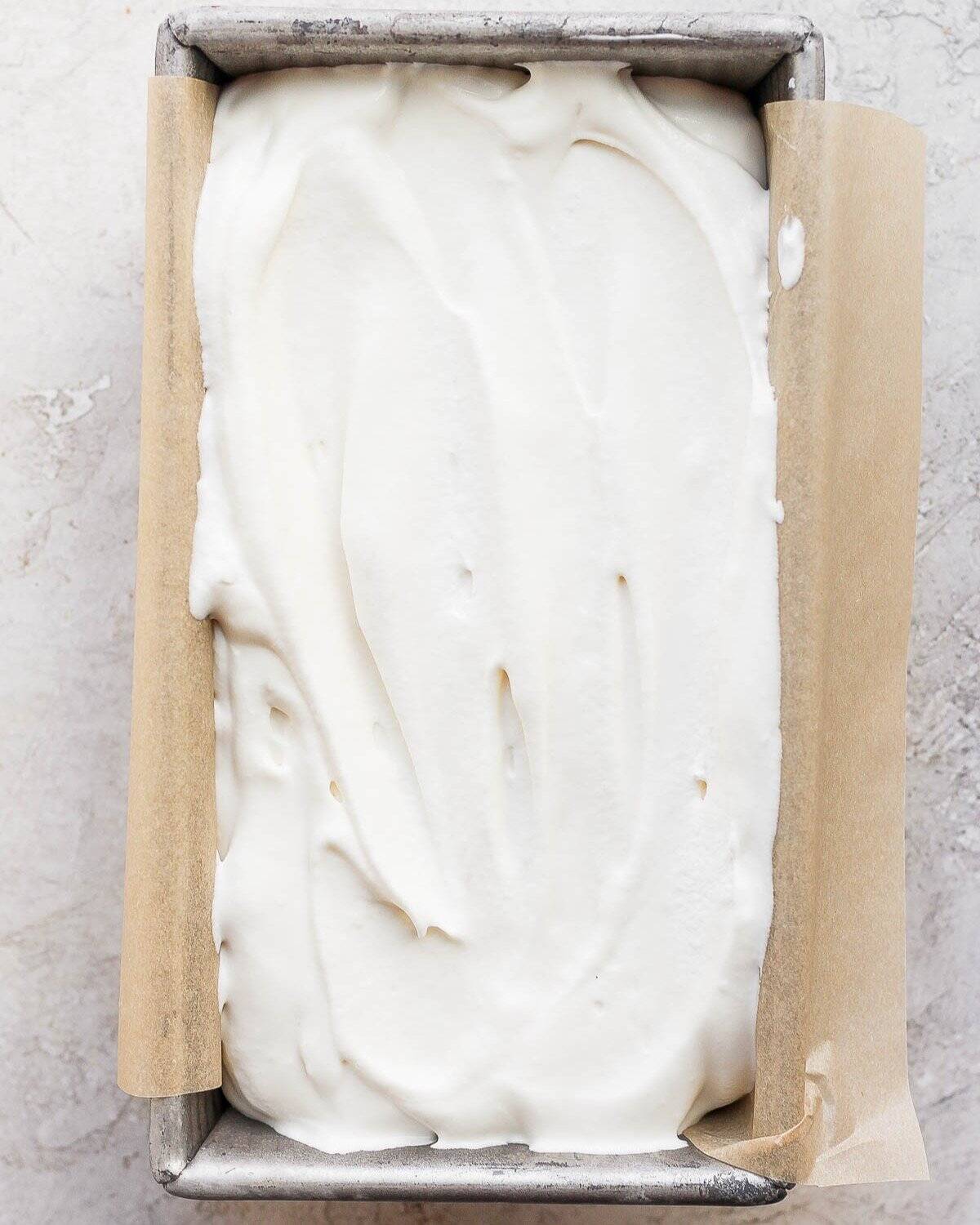 Mixture in prepared pan before freezing.
