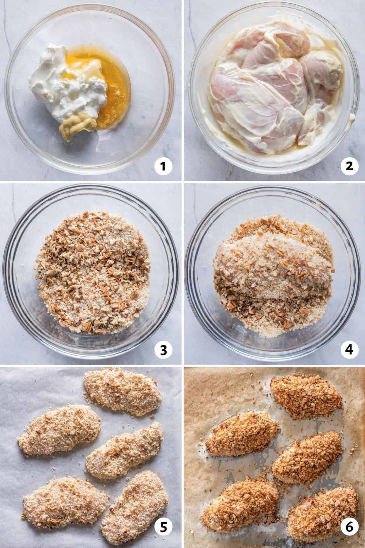 6 image collage to show how to make the marinade, the breading and then putting it all together with the chicken