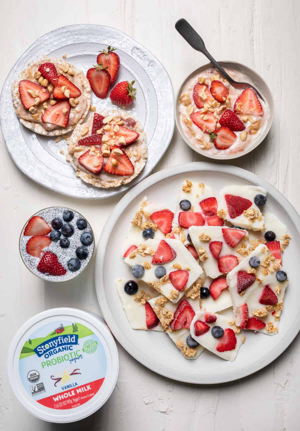 Variety of berry and yogurt snacks with tub of Stonyfield yogurt