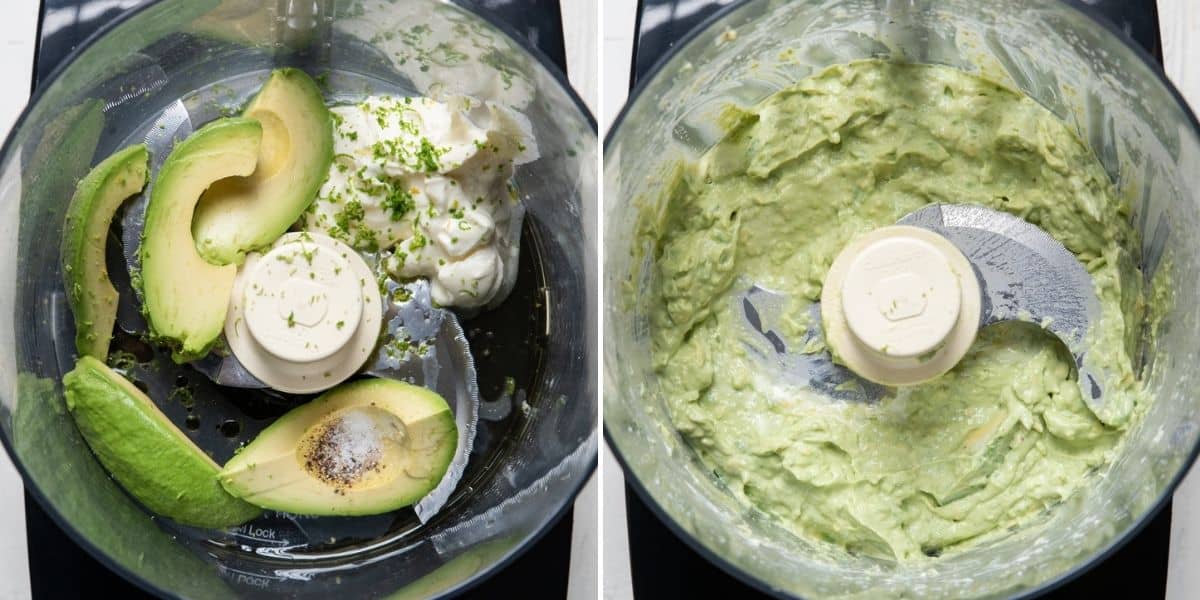 2 image collage to show how to make the avocado crema