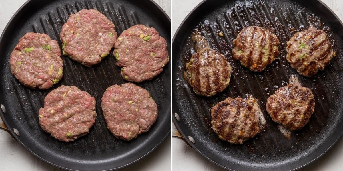 2 image collage to show the patties on the grill before and after grilling