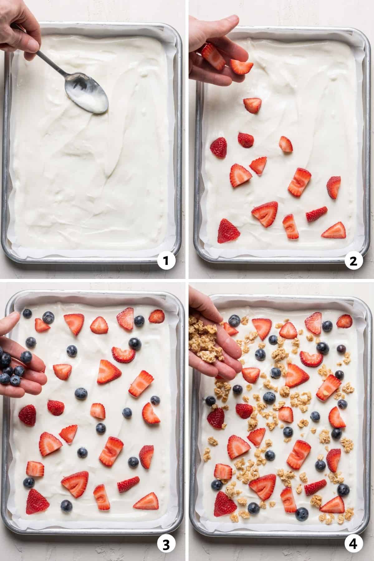 4 image collage to show how to layer the yogurt, then the fruit, then the granola in a quarter baking sheet